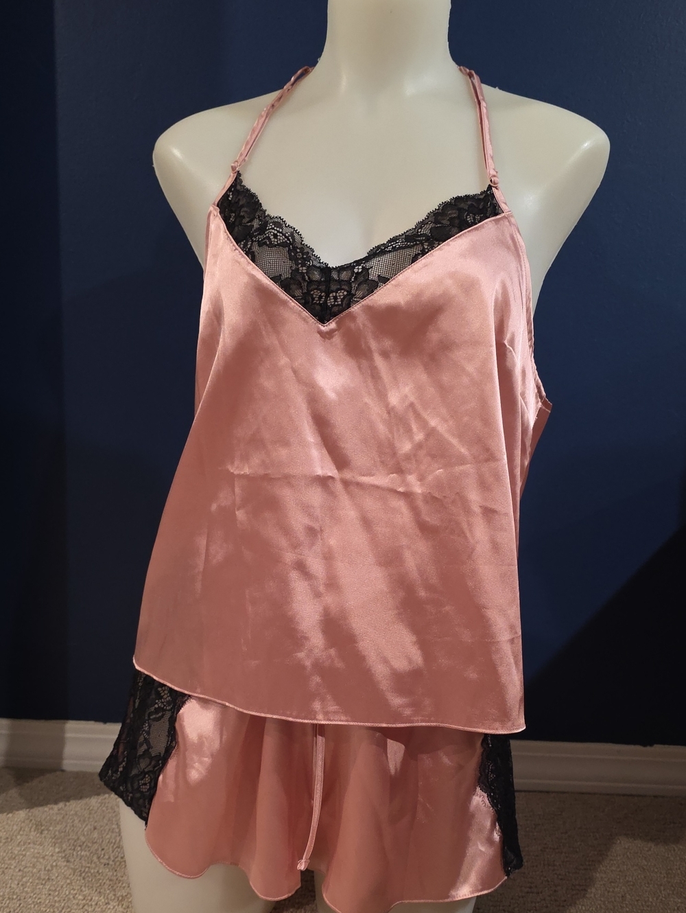 La SENZA Rose Pink Satin Cami & Shorts Set with Black Lace